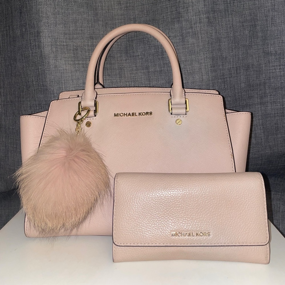 Michael Kors Selma Pink Leather Satchel Purse w/ Wallet & Real Rabbit Fur Charm